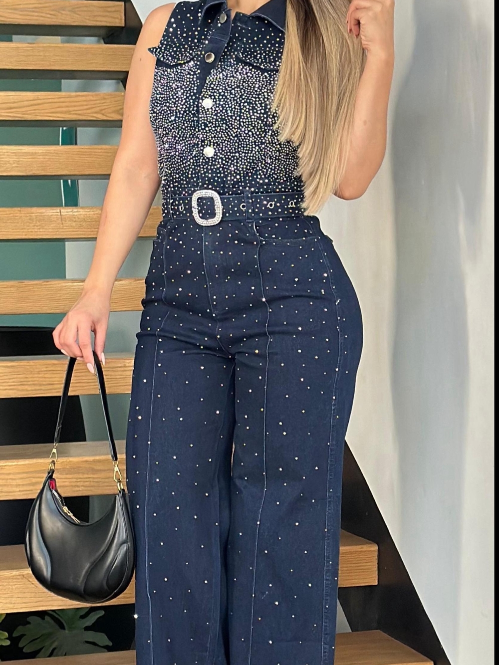 Sleeveless Navy Jumpsuit with Rhinestone Detail